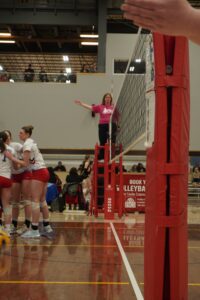 View of the volleyball court, the head referee and the players