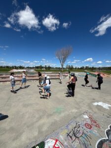 Group of women skateboarders practicing skills in a cement skate park.