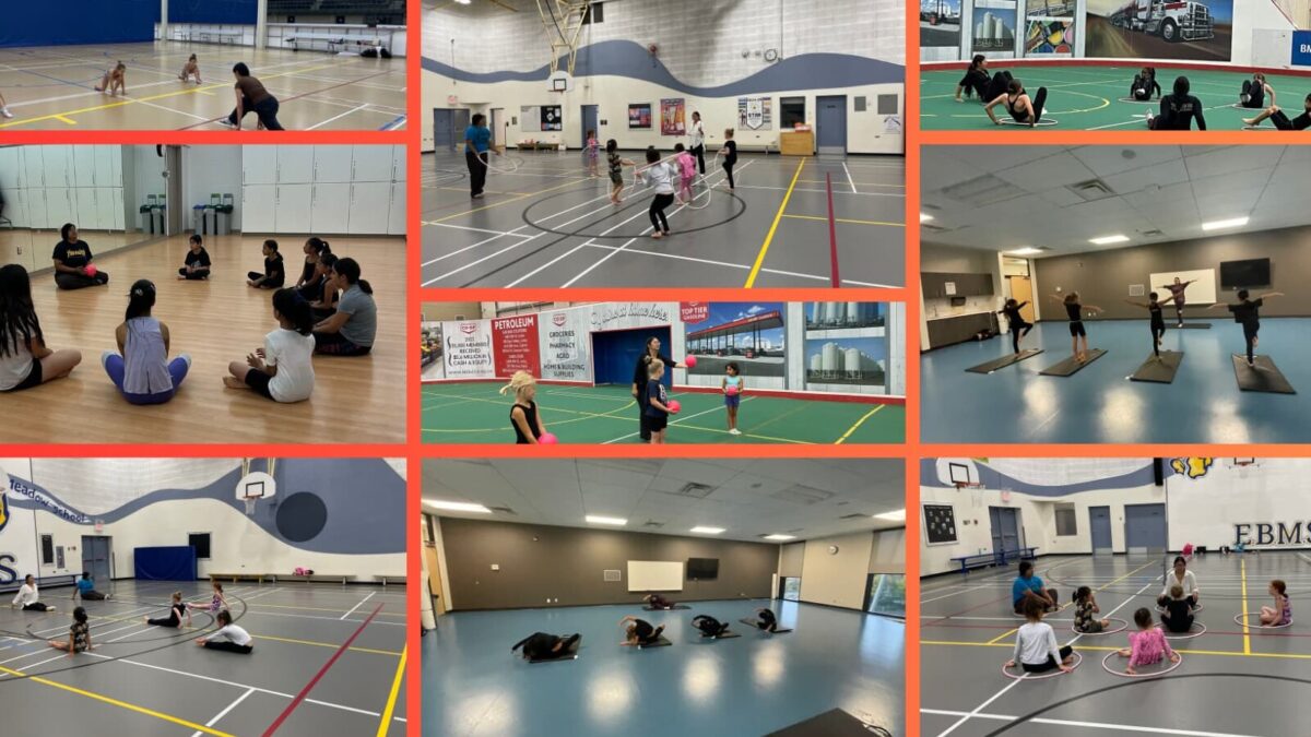 Many pictures of girls doing rhythmic gymnastics